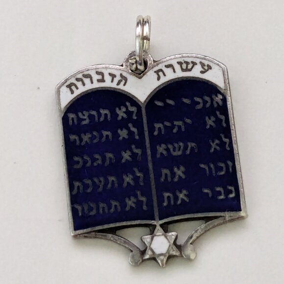 Art Deco Era Hebrew 10 Commandments Blue/White Enamel Sterling Silver Charm - Picture 2 of 3